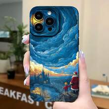 2026 nueva funda de teléfono esmerilada, funda de teléfono Van Gogh Noche Estrellada con Santa y Niño impresión artística para  17 15 Pro Max  17 14 Pro  17 13  Galaxy S23 S22 S21 funda de teléfono funda de pareja regalo para novio novia regalo de vacaciones - Negro - Ver 5