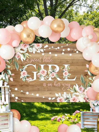 乡村粉色花卉图案“It's A Girl”迎婴派对背景布，高清防褪色印花，轻盈面料。是女孩主题性别揭晓派对拍照区的理想之选。