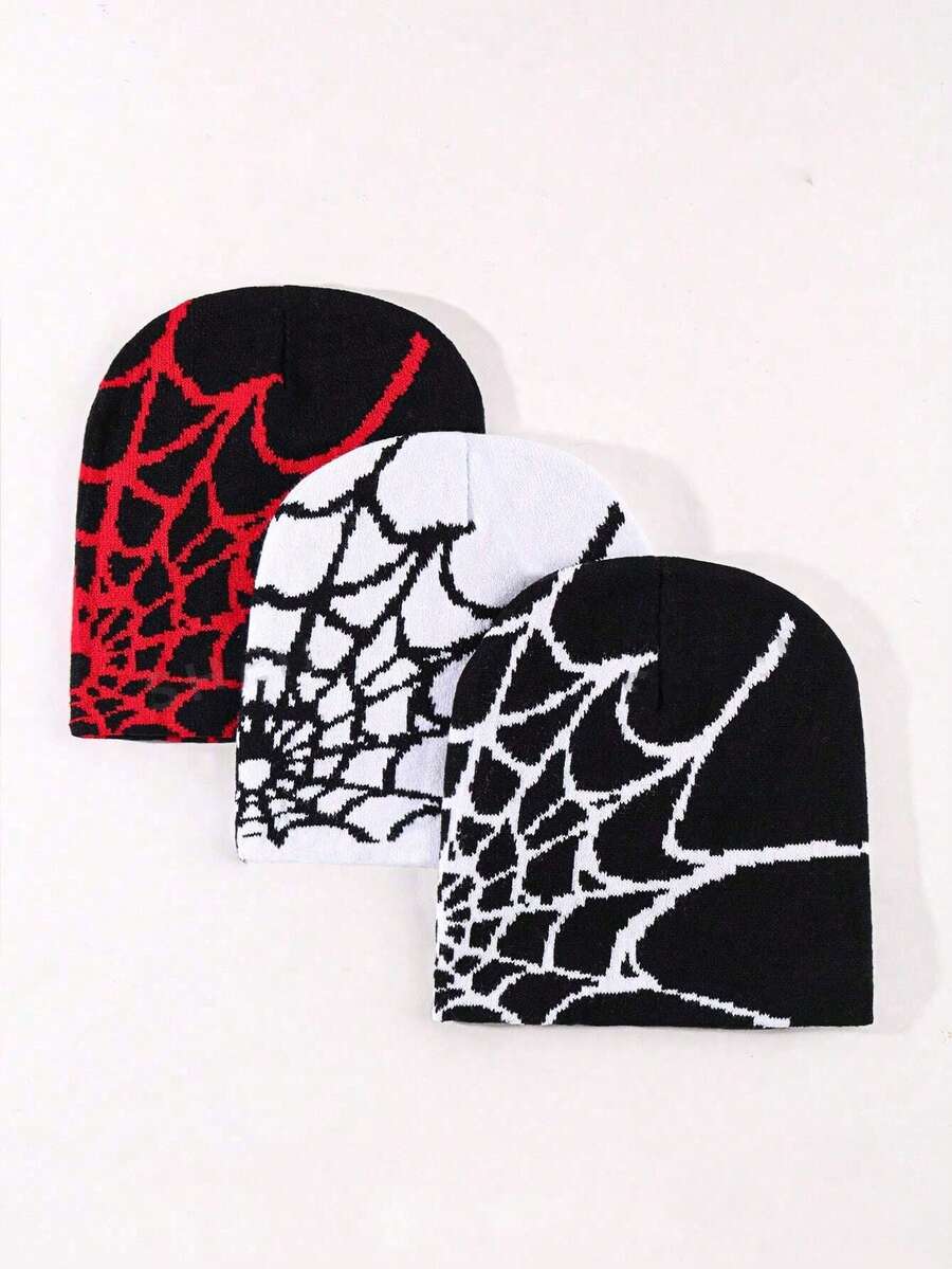 3/1pc Y2K Spider Web Pattern Hat Elastic Foldable Women Men Knit Hat Warm Graphic Beanies - Multicolor - View 1