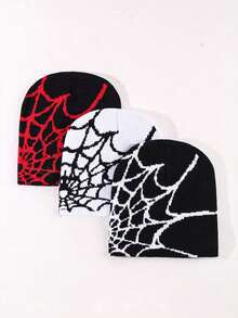 3/1pc Y2K Spider Web Pattern Hat Elastic Foldable Women Men Knit Hat Warm Graphic Beanies - Multicolor - View 6