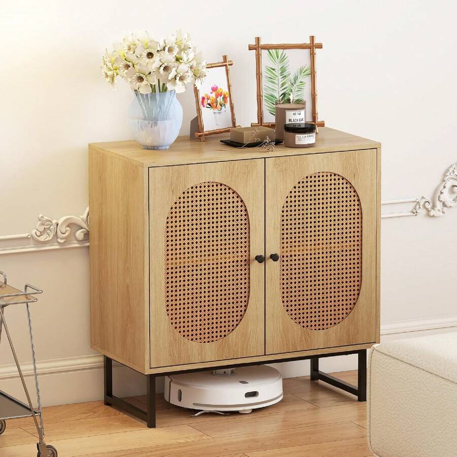Natural Rattan Sideboard Buffet Cabinet With Metal Legs For Living Room Storage - Tự nhiên - Xem 1