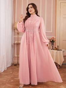 Plus Size Damklänning Enfärgad Elegant Pärlbroderad Frontpanel Långärmad Med Volangfåll Bröllop Rosa Vårfest - Rosa - Visa 4
