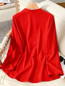 Áo sơ mi dài tay màu đỏ tối giản đính sequin dành cho nữ cỡ lớn, thích hợp mặc hàng ngày, mùa xuân/hè. - Đỏ - Xem 3