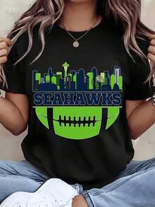 Unisex Seahawks City Skyline Football Print T-Shirt For Game Day And Sports Events Family Couple Outfit Cotton Comfort Fabric - 黑色 - 查看 1
