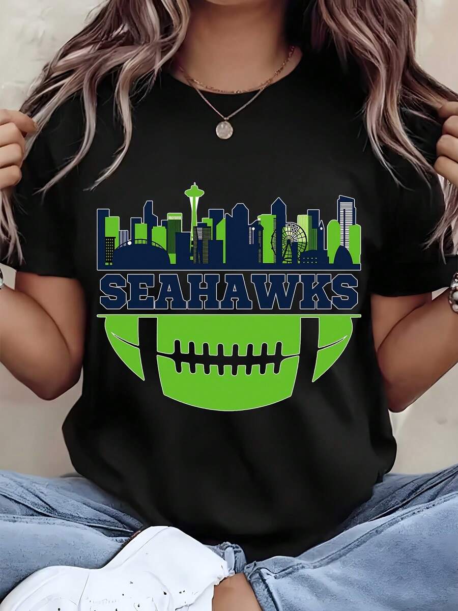 Unisex Seahawks City Skyline Football Print T-Shirt For Game Day And Sports Events Family Couple Outfit Cotton Comfort Fabric - 黑色 - 查看 1