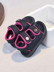 1 Pair Unisex New Style PU Hook And Loop Design Flat Cute Sandals, Soft Bottom Non-Slip Baby Beach Shoes, Suitable For Summer - Black - View 4