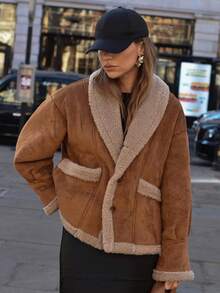 Vintage Cargo-Stil khakifarbene kurze Jacke aus Wildleder und Wollpatchwork für Frauen, Streetstyle, Party, Pendeln, Weihnachts-Date - vielseitige Damen Oberbekleidung - Khaki - Übersicht 5