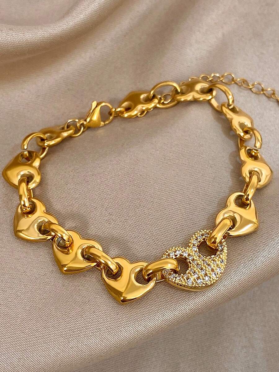 1Pc 18K Gold Plated Stainless Steel Luxury Full Heart Chain Bracelet For Women, Elegant Mom Gift Christmas Carnival Winter Jewelry Wedding Rave/Prom/Party/Daily Accessories Gift For Anniversary Valentine's Day Boho Jewelry Birthday Bridesmaid Gifts - Multicolor - View 1