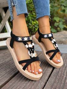 新款夏季平底凉鞋，波西米亚风休闲舒适软底沙滩鞋，百搭款 - 黑色 - 查看 4