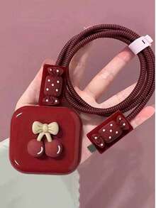 5pcs Cartoon Cherry Candy Charging Adapter Protective Cover & Data Cable Protective Cover, Compatible With 20W Apple UK Plug Fast Charging Accessories And Phone Accessories, Ideal Gift For Friends - Burgundy - View 1