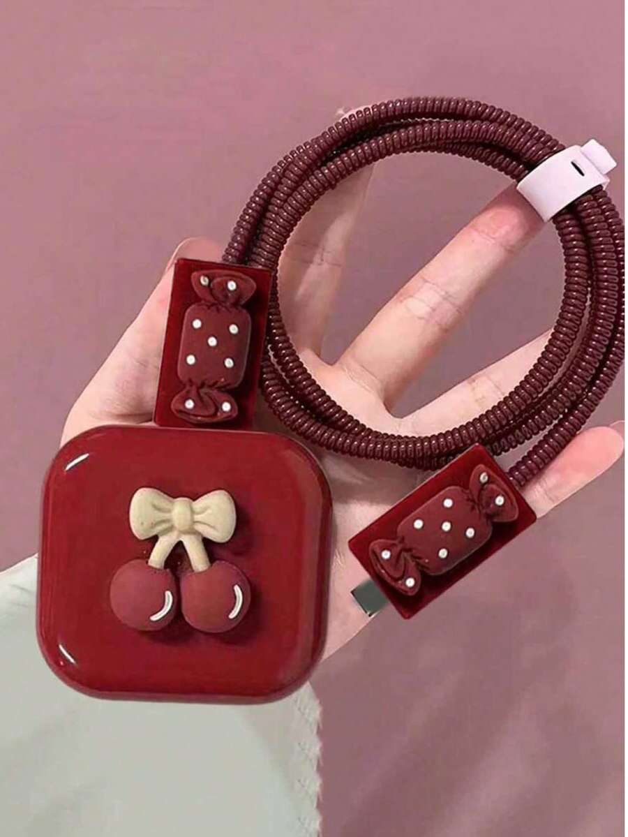 5pcs Cartoon Cherry Candy Charging Adapter Protective Cover & Data Cable Protective Cover, Compatible With 20W Apple UK Plug Fast Charging Accessories And Phone Accessories, Ideal Gift For Friends - Burgundy - View 1