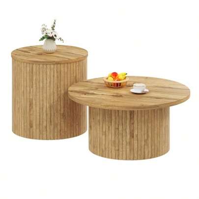 Coffee Table, Double Round Table, Side Table With Natural Wood Slats. Multifunctional Living Room Table