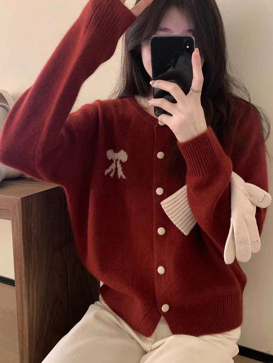 Áo len cardigan cài nút nơ Kawaii, Xuân Thu, Áo dài tay - Đỏ - Xem 1