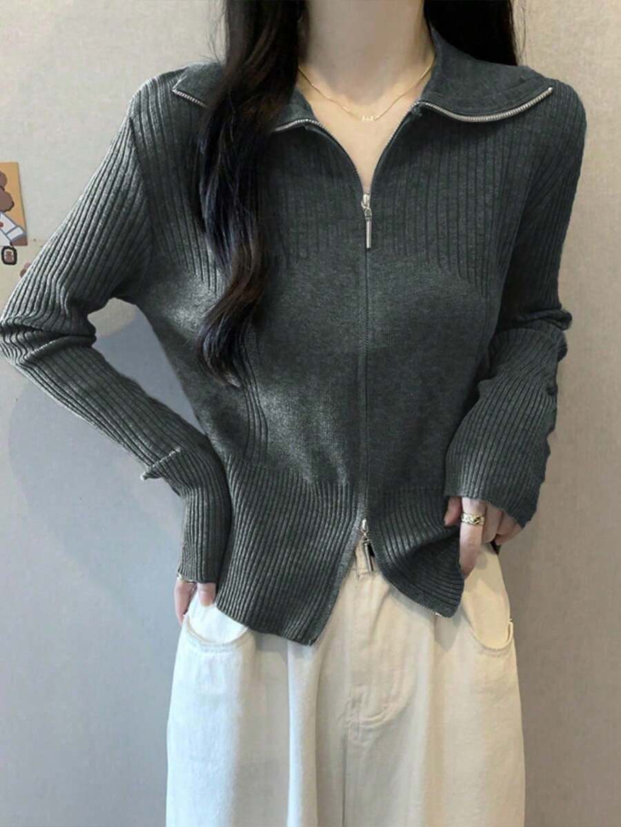 Áo len dệt kim thời trang thanh lịch kiểu Pháp khóa kéo kép
