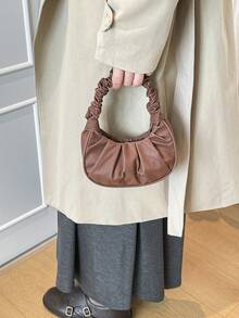 迷你褶皱女士手提包，纯色女士褶皱手提包，女士纯色云月形手提包 - 棕色 - 查看 8