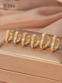 Hihho 6 件套简约心形方晶锆石耳钉，优雅珠宝礼品套装，适合女性情人节、妈妈、母亲、母亲节、礼物 - 金黃色 - 查看 11