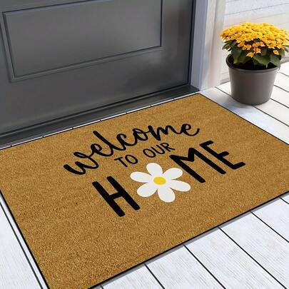 Extra Heavy-Duty 900gsm Welcome Mat - Non-Slip Indoor/ Entrance Mat With Beige & Brown Cursive Lettering & Daisy Design - Beige/Brown Floor Mat For Front Door, Porch, Or Home Decor - Lightweight & Easy-Clean - Durable Rectangular Doormat With Polypropylene Backing - Hand Washable - Smooth Texture - Suitable For High-Traffic Areas - Modern Cursive Lettering & Daisy Accent, Welcome Mat For Birthday Anniversaries, Valentine's Day, Thanksgiving, Christmas, Halloween, Wedding, New Year Gifts Provide, Ideal Gifts For Her, Him, Family Members, Boyfriends, Girlfriends, Fathers, Family Members, Mothers, Lovers, Daughters, Sons, Grandfathers, Grandmothers, Friends, Classmates And Pets.Sofa, Bed, Car, Bedroom, Living Room, Office, Outdoor Camping,  Wall Decoration, Bedroom Decor, , Fall Decor, Fall Decorations For Home, Christmas Party Theme Mat , Christmas Decor, Office Decoration