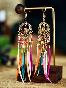Vintage Hollow Out Long Feather Earrings, Colorful Beaded Tassel Earrings - Natural Feathers - View 4