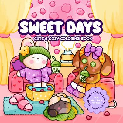 Sweet Moments: Adorable & Heartwarming Coloring Book For Adults & Teens - 40 Pages, 205gsm Thick Opaque Paper | Filled With Imaginative Self-Care Scenes (Bunny Spa, Puppy Relaxation, And Cozy Ambiance) | Bold Thick Outlines, Easy To Color, Perfect For Winter Leisure And Gathering With Friends, Suitable For Stationery, School Supplies, Great Gift For Girls, Valentine's Day, New Year