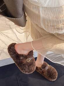 2025新款女士冬季爆款厚底闭趾毛绒黑色家居拖鞋，适合户外穿着；新款秋季搭扣毛绒慵懒拖鞋；春秋季室内家居办公豹纹拖鞋 - 棕色 - 查看 3