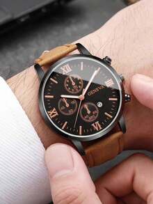 Business & Casual Boy's & Teens' Elegant Black Round Calendar Quartz Watch, High-End PU Leather, Gift For Couples - Multicolor - View 7