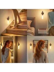 4/3/2/1 件木质壁灯带运动传感器夜灯,磁性壁灯,智能可充电 LED 棒灯,USB LED 夜灯,运动传感器壁灯和无线壁灯,便携式楼梯夜灯,木质壁灯,电池供电橱柜灯,橱柜下灯,用于运动检测的楼梯灯,适用于家庭卧室、走廊、厨房和浴室壁灯,防撞、防摔夜灯 - 彩色 - 查看 4