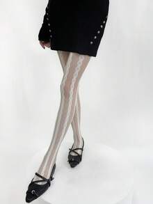 1Pc Western Pure Sexy Style Gray Argyle Fishnet Pantyhose Retro Stripe + Cable Knit Design Lace Paneled Tights Anti-Snag Spandex Material High Elasticity Slimming And Figure-Fitting Sheer Thin Four Seasons Versatile Must-Have For Office Date Street Daily  Outfits - trắng - Xem 2
