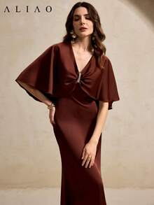 Aliao 优雅美人鱼廓形纯色连衣裙，适合新年、情人节、优雅女士、海滩穿着、感恩节、毕业典礼、宫廷风格、宴会、情人节、舞会、节日等场合。 - 咖啡 - 查看 3