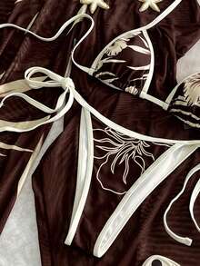 2pcs/Set Women's Summer Beach Bikini Set, Elegant Halter Neck Bikini Set, Floral Print With Contrast Trim Swimsuit, Mesh Beach Pants, Create Casual Beach Style - Brown - View 7