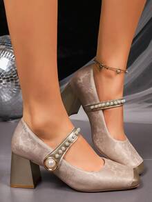 Women's High Heels, Round Toe, Chunky Heel, Single Strap With Buckle, Embroidered Design, Elegant And Unique, Gorgeous And Comfortable, Suitable For Parties, Banquets, And Everyday Commuting. - Apricot - View 5