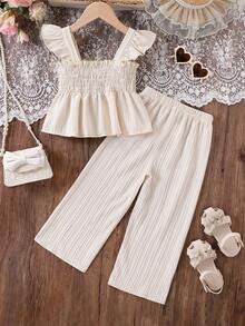 Set de 2 piezas de top de tirantes finos y pantalones largos para niñas en verano - Albaricoque - Ver 2