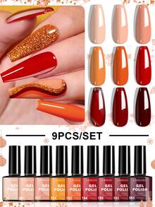 LIMEGIRL Set de 9 piezas de 8ml de esmalte de uñas en gel en tonos rojos, marrones y naranjas - Kit de manicura semi-permanente removible con luz UV LED en tonos cálidos de otoño, adecuado para salón y regalo - Multicolor - Ver 1