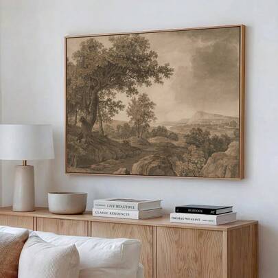 1 pieza Póster de lienzo con paisaje de bosque antiguo y melancólico, con árboles marrones, montañas y arte rústico vintage para decoración de apartamento, sala de estar, dormitorio, decoración del hogar moderna, con o sin marco