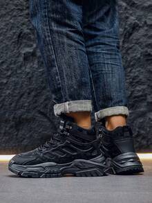 Black Sneakers, Men's Casual Sneakers, New Fashionable Sneakers, Comfortable, Versatile Thick-Soled Heightening Sneakers Mid Top Lace Up Men's Hiking Shoes - Black - View 5