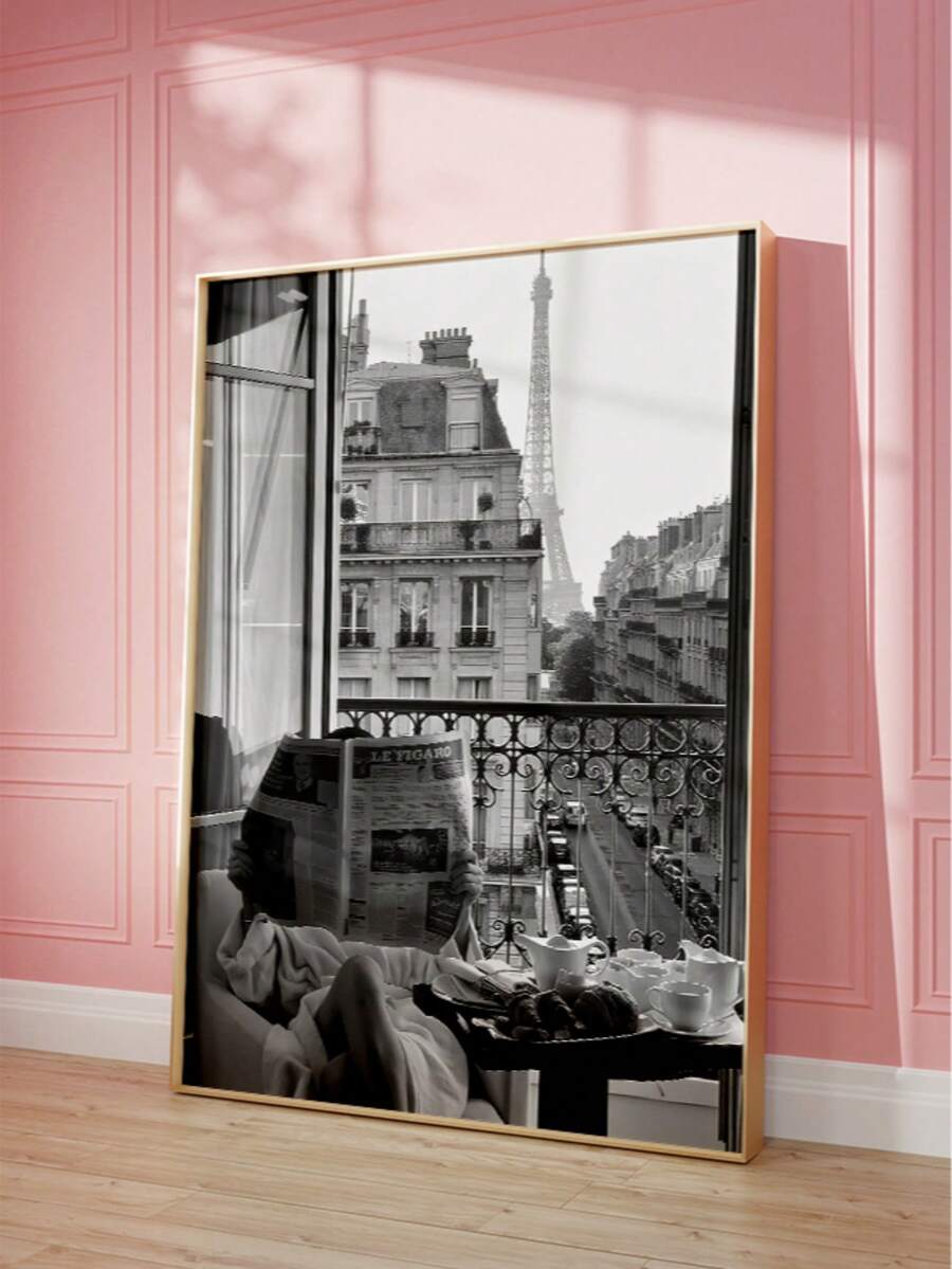 1幅无框巴黎女子阅读报纸摄影作品，复古黑白墙面艺术印刷品，法式咖啡馆美学海报，画廊品质照片，适用于客厅、宿舍，是送给巴黎爱好者的礼物 - 彩色 - 查看 1