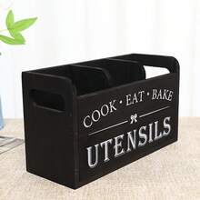 Organizador de utensilios de cocina de estilo rústico de madera, caja de almacenamiento de 3 compartimentos, caja de almacenamiento de madera para encimera, organización y almacenamiento de cocina, accesorios de cocina, reclama mi regalo diario, regalo de Halloween y Navidad, almacén local - Negro - Ver 1
