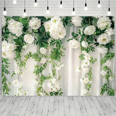 2D Flat, 1pc Romantic Green White Flower Party Flag, Perfect For Weddings, Anniversary Backdrop Party Flag - No Electricity Required, Polyester Material, Suitable For Check-Ins, Anniversaries And General Occasions
