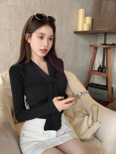 韩版缎带饰边短袖圆领针织T恤，女士夏季修身款，优雅小众品牌，黑色