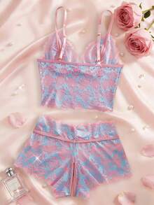 睫毛蕾丝性感内衣套装蝴蝶结镂空露胸文胸开裆女式V领性感可调节肩带内衣套装 - 天藍色 - 查看 4