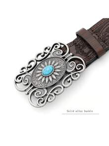 1 Piece, Turquoise-Inlaid Western Belt, Silver-Plated Antique Floral Buckle Leather Belt, Vintage Bohemian-Style Ladies' Belt, Denim Fashion Accessory Suitable For All Seasons. - Multicolor - View 5