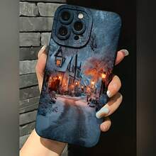 2026 nueva funda de teléfono esmerilada, funda de teléfono con escena de pueblo invernal con calle nevada y luces cálidas para iPhone 17 14 Pro Max 13 12 11  Galaxy S23 S22 S21 S20 Plus, funda de teléfono para pareja, regalo para novio o novia, presente de vacaciones - Negro - Ver 1
