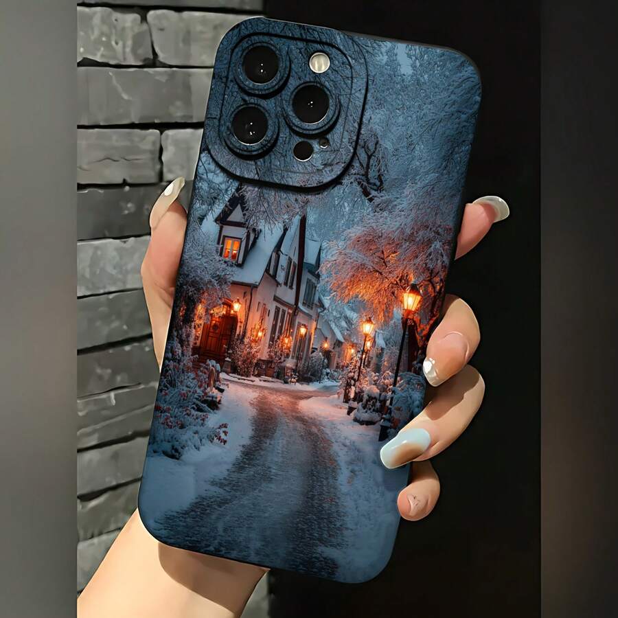 2026 nueva funda de teléfono esmerilada, funda de teléfono con escena de pueblo invernal con calle nevada y luces cálidas para iPhone 17 14 Pro Max 13 12 11 Galaxy S23 S22 S21 S20 Plus, funda de teléfono para pareja, regalo para novio o novia, presente de vacaciones - Negro - Ver 1
