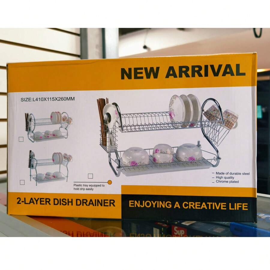 Double-layer dish rack, chrome plated, with utensil holder and drip tray, kitchen organizer - Plateado - Ver 1