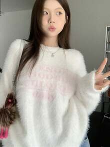 柔软蓬松字母印花宽松针织毛衣，女士秋冬款