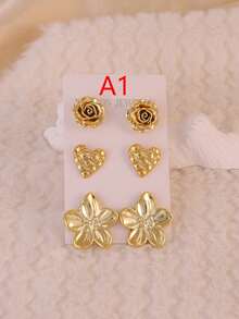 3-6 Pairs Vintage Gold Tone Earring Set, 3D Rose & Heart Shaped Earrings, Elegant Ins Style Accessories, Versatile Daily Wear - Gold - View 2