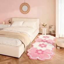 1pc Sweet Pink Floral Long Carpet, Bedroom Bedside Decorative Mat, Ins Style Fluffy Pink Flower Rug, Asymmetrical Size With 1-5cm Cutting Error, Hallway Long Carpet, Rug, Long Carpet, Area Small Rug, Mat, Home Decor, Area Rug, Living Room Area Rug, Living Room Home Decor, Room Decor, Plush Carpet, Furry Carpet, Autumn/Winter Carpet, Thick/Fluffy, Washable Carpet