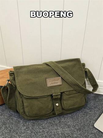 Letter Patch Messenger Bag Green Flap Adjustable Strap Classic Vintage Messenger Bag - Original Heavyweight Canvas Shoulder Bag With Upgraded Features Best Gift Bags For Teachers, Women, Girlfriends & Families