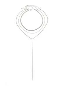 1 Set Of 3pcs Y-Shape Tassel Chain Necklace Set, Minimalist Hiphop Silver Metal Snake Bone Chain Necklace Suitable For Women Daily, Party, Vacation Wear - Silver - View 6