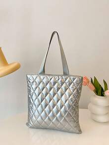 纯色、轻便、休闲、大容量、菱形刺绣图案单肩包、购物袋 - 銀色 - 查看 5