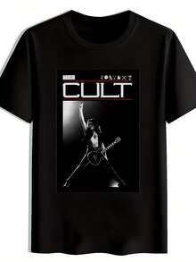 Chemise pour hommes avec graphique de groupe de rock - Impression rétro de heavy metal. Manches courtes. Col rond. Polyester. Tenue décontractée d'été. Noir avec design blanc. Vêtements pour fans de musique. Chemise de groupe de rock. Chemise avec graphique attrayant. - Noir - Voir 1